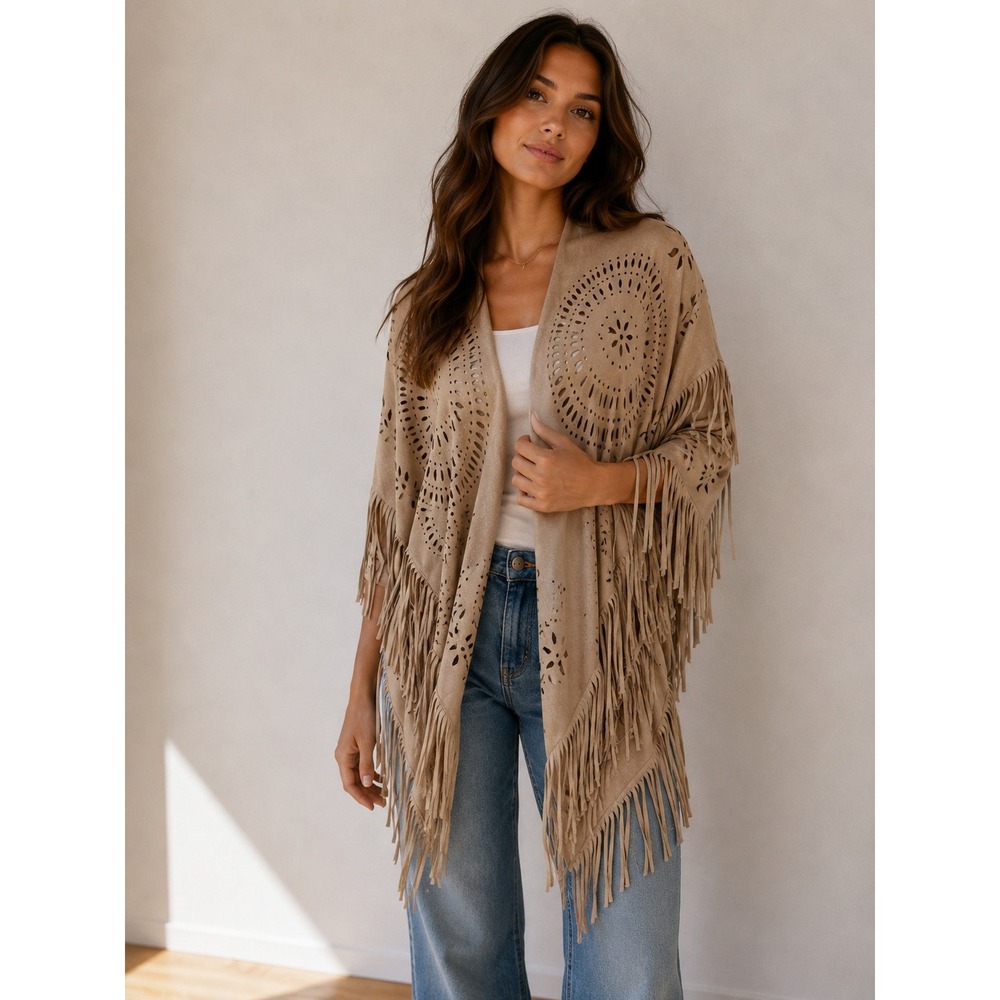 CHOIE Tan Faux Suede Fringe Shawl Laser Cut Western Boho Festival Wrap Country